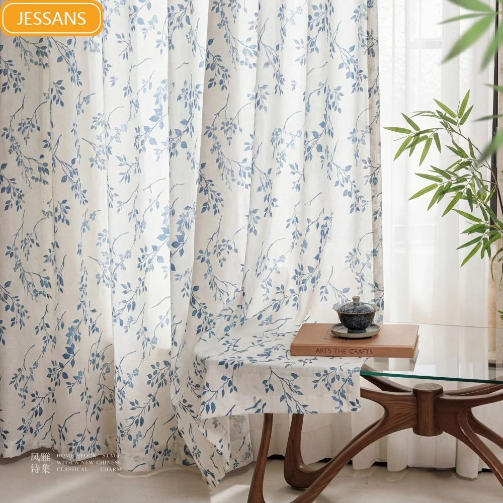 New Cotton Hemp Branch and Leaf Printed Blue Curtains for Living Room Bedroom Partition Curtain Balcony Customization