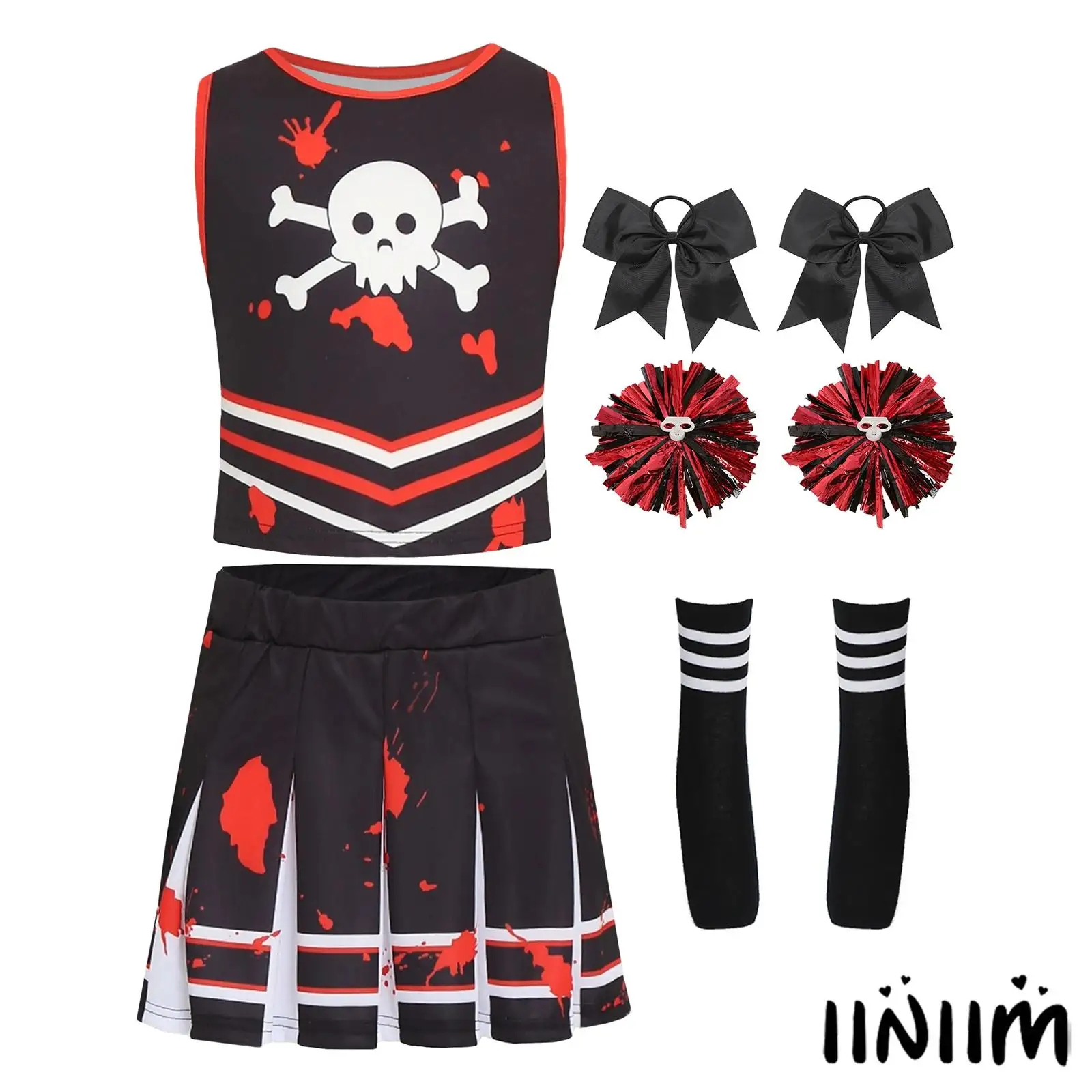 

Kids Girls Cheer Leader Costume Skull Print Round Neck Sleeveless Top Pleated Skirt with Matched Bow Headwear Pom-pom And Sock