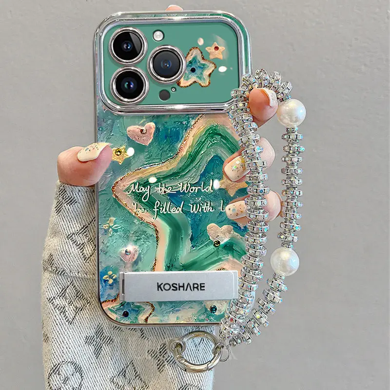 FORiphone16pro mobile phone case niche with lanyard new high-end all-inclusive oil painting starfish