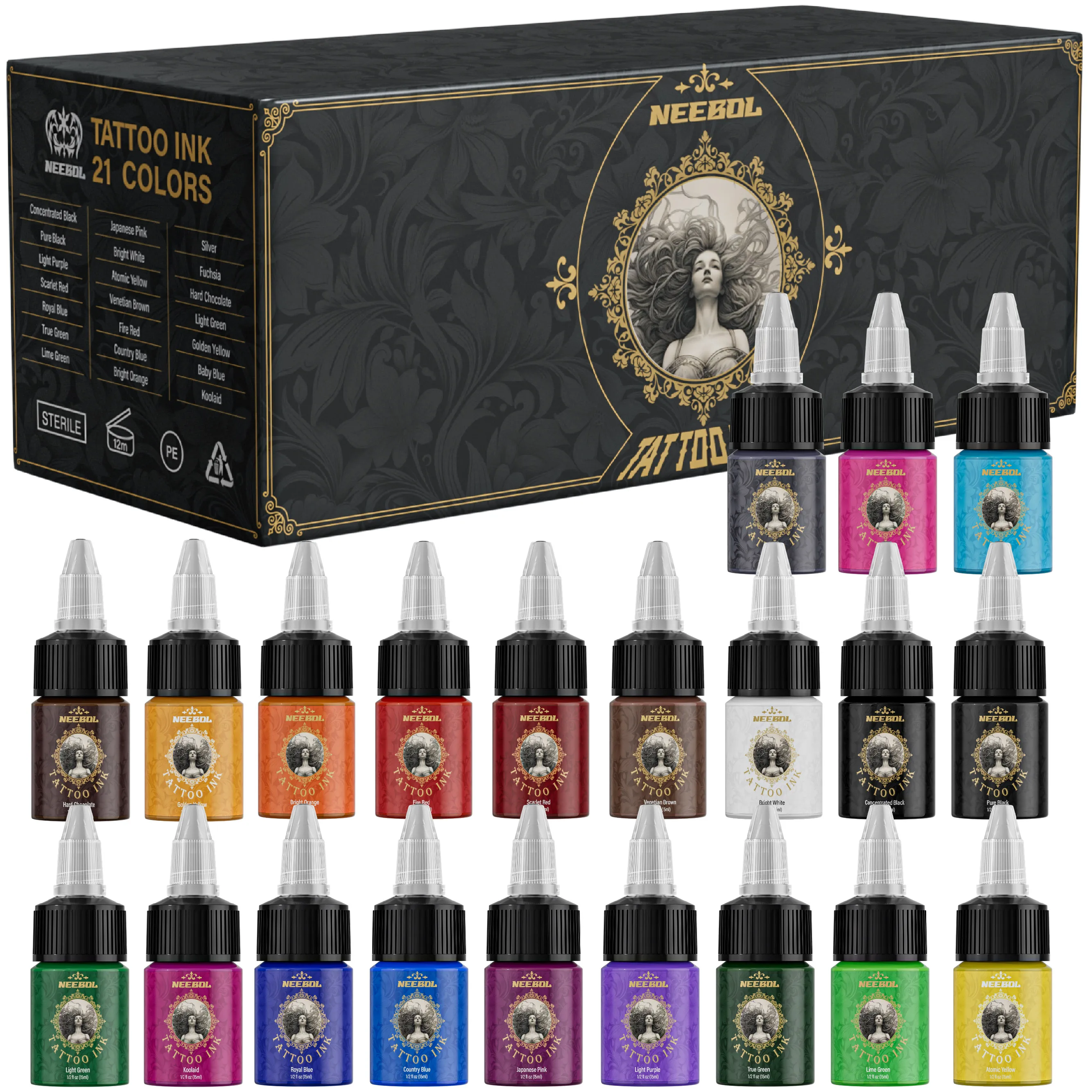 

14/21 Colors Tattoo Ink Set- 1/2 oz (15 ml) Tattoo Ink & Supplies For Outlining, Shading-Long Lasting Tattoo Painting Colorful