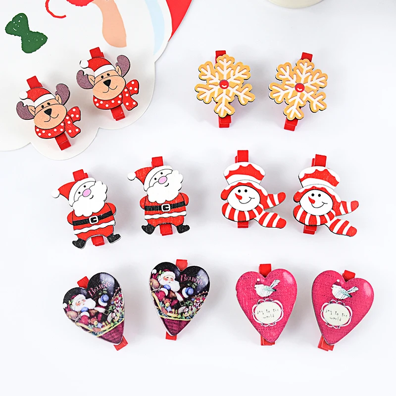 6pcs Christmas Wooden Clips Santa Snowman Reindeer Wood Clothespins Card Paper Photo Clip Christmas New Year Party Supplies Noel