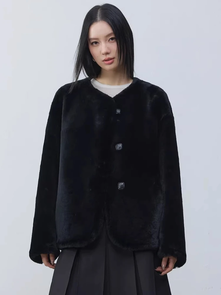 

High-end Luxury Merino Sheep Fur Plush Jackets for Women 2026 New Simple Black Winter Genuine Leather Real Fur Shearling Coat