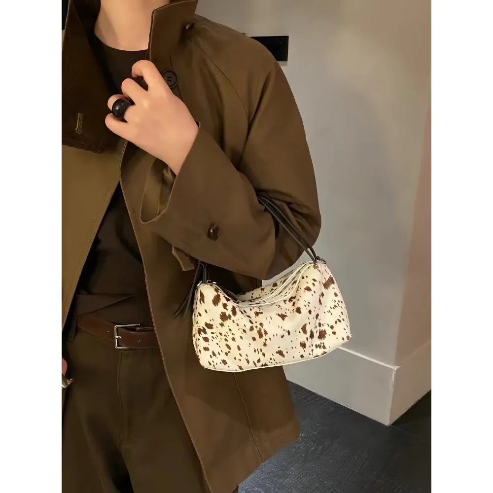 Autumn/winter New Horsehair Polka Dot Genuine Leather Small Square Niche Design Single-shoulder Senior Fashionable Women's Bag