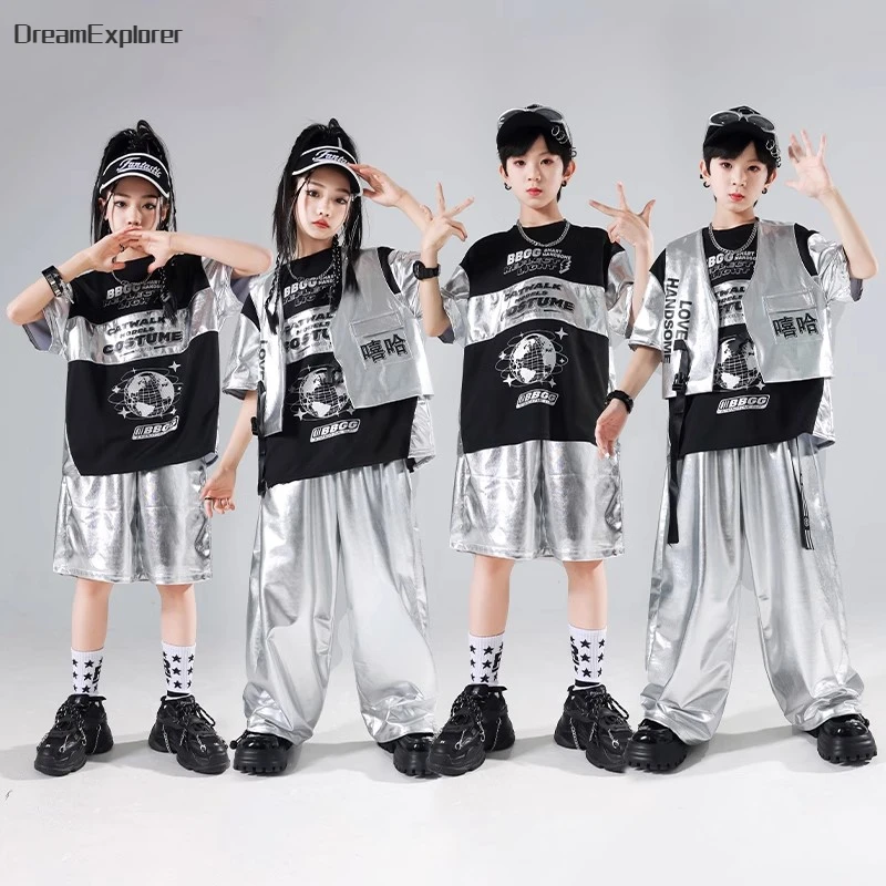 Boys Hip Hop T-shirt Silver Vest Street Dance Shiny Cargo Pants Girls Cool Leather Shorts Kids Jazz Clothes Set Child Streetwear