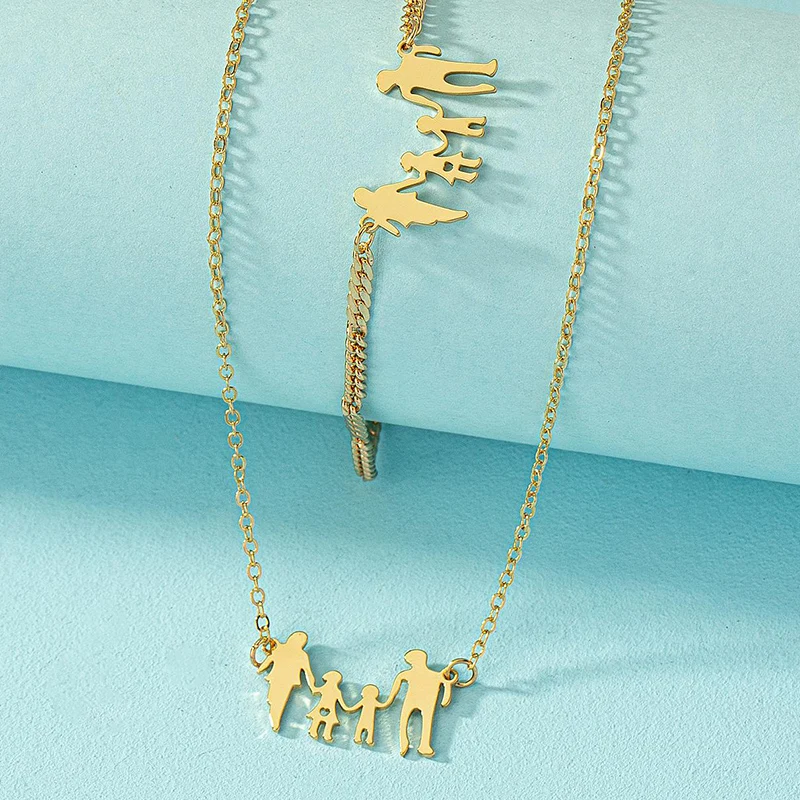 Obega 2PCS Bracelet Necklace Family Jewelry Set Dad Mom Children Pendant Lovely Pendant Gold Color Bracelet Trendy Jewelry Set