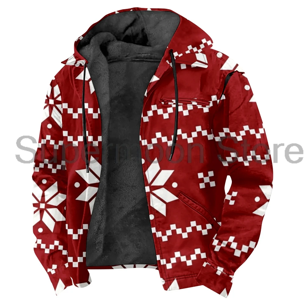 Christmas Snowflake Pattern Red Festive Hooded Jacket Parkas Unisex Long Sleeve Zipper Hoodie Women Winter Outerwear Coat