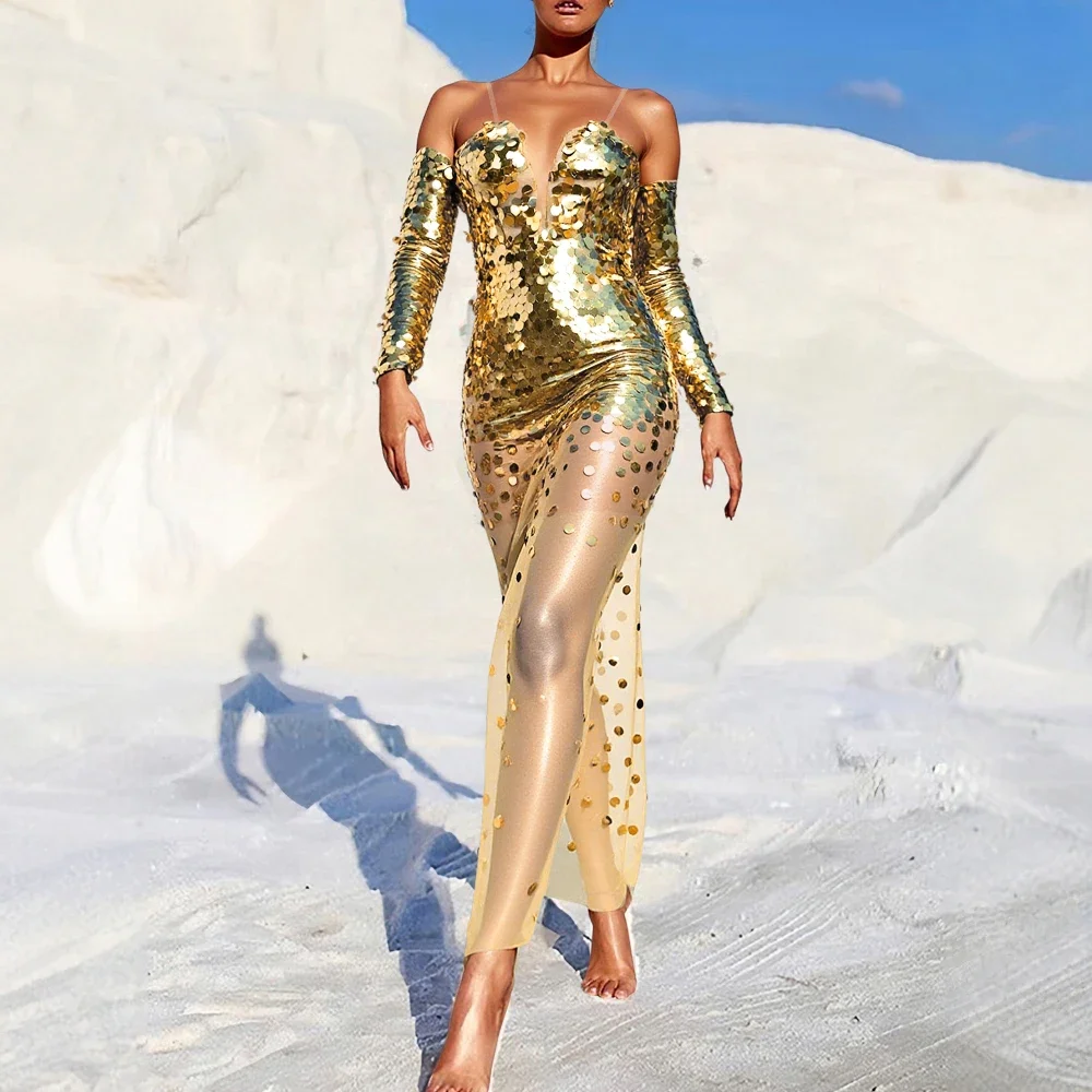 ชุดเดรสออกงานผู้หญิง ฤดูใบไม้ร่วง ฤดูหนาว 2025 เซ็กซี่ ประดับเลื่อม ผ้าตาข่ายซีทรู คอวีแบบหวาน ทรงเข้ารูป เหมาะสำหรับออกเดทและงานกลางคืน