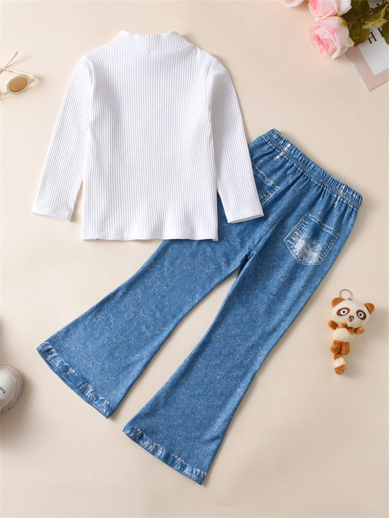 2PCS Girls Butterfly Graphic T-shirt Top + Imitation Denim Print Flare Pants Set Spring Fall Christmas Gift