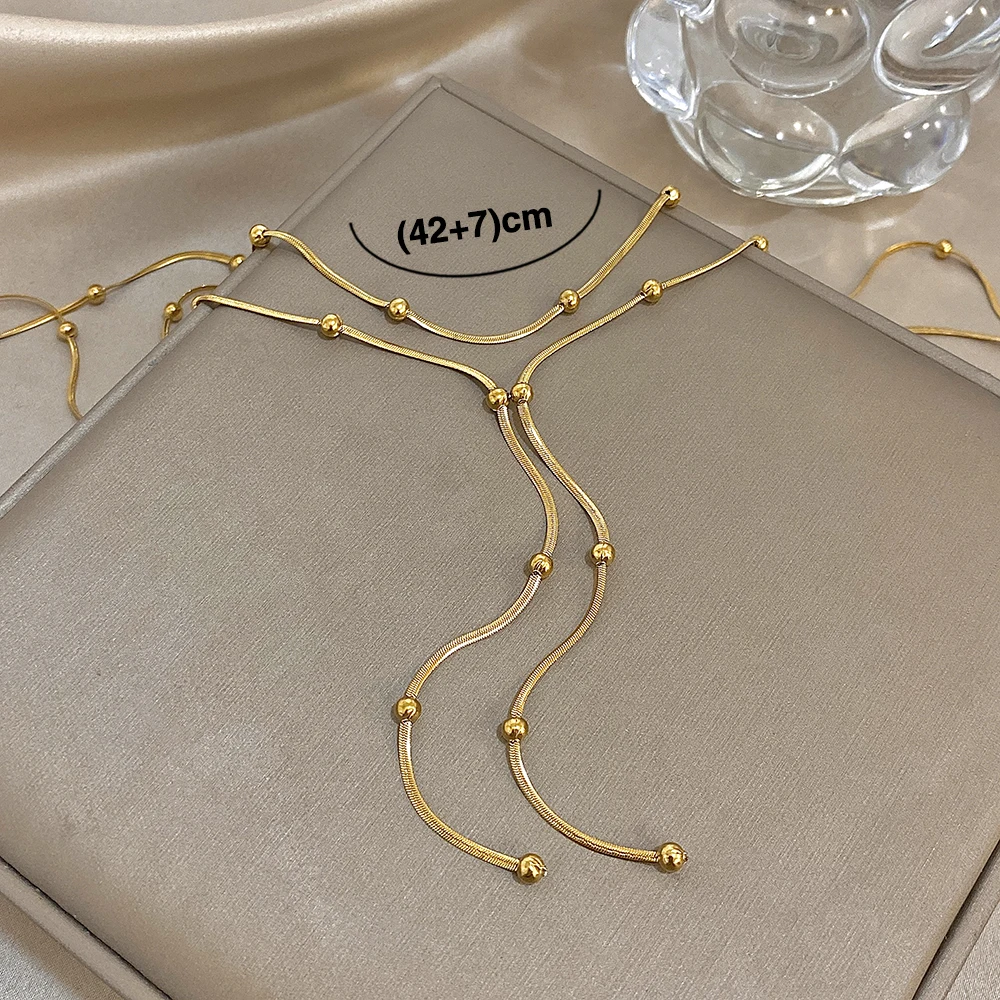 Fashion Beaded Stainless Steel Necklace for Women Minimalist Gold Color Double Layer Long Pendant Necklaces Party Jewelry view 6
