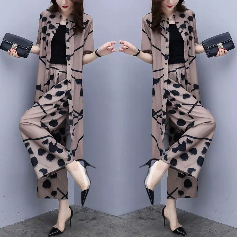 

Womens Clothing Vintage Fashion Cardigan Tops Half Sleeve Printed Two Piece Set Summer Casual Luxury Wide Leg Pants Sets Female