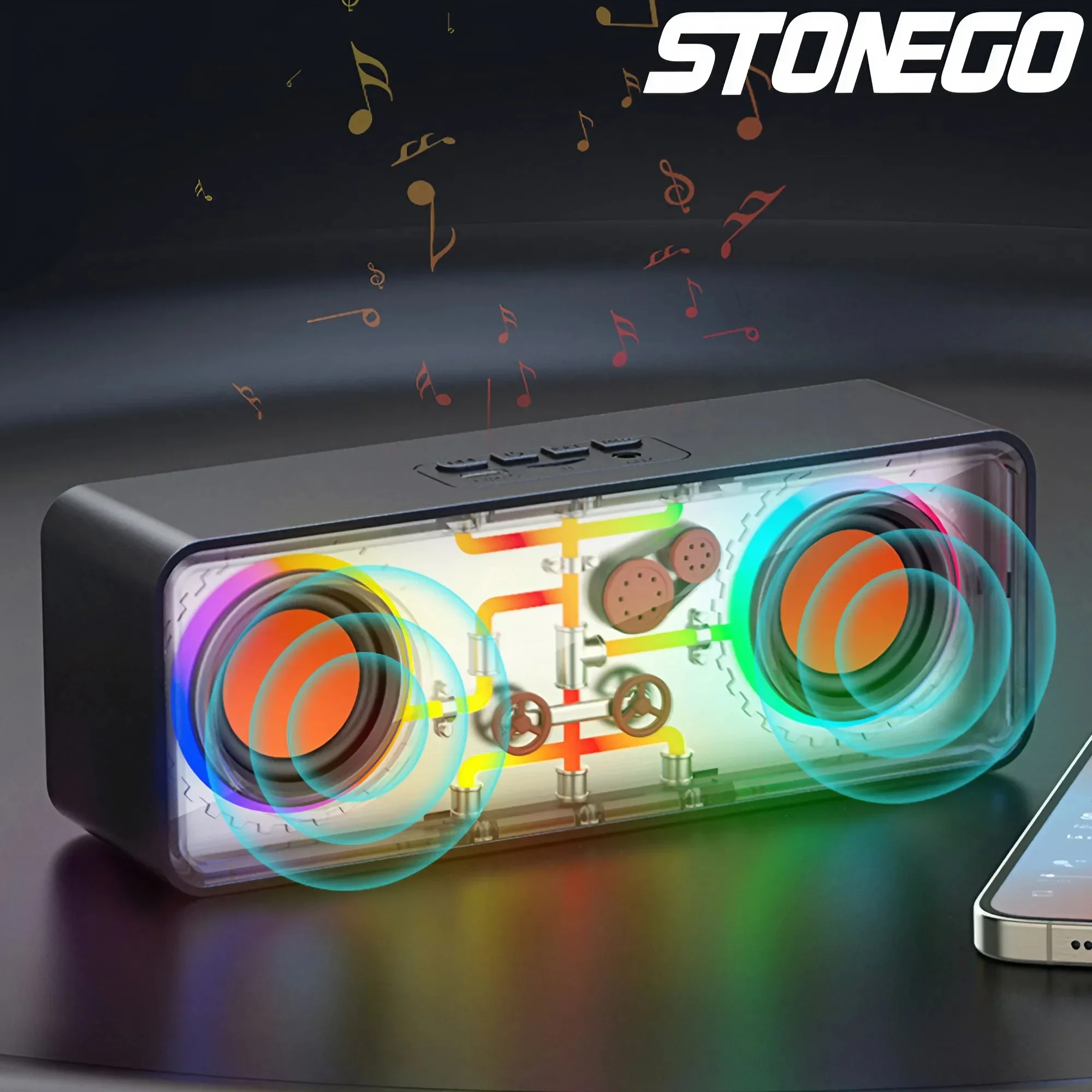 Double Speaker Transparent Mecha Wireless Bluetooth Cyberpunk Style Colorful Light Small Steel Cannon Bass Diaphragm Speaker