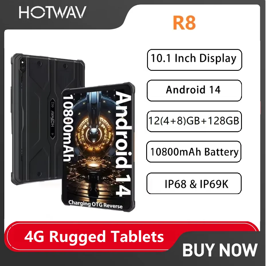 HOTWAV R8 Rugged Tablets Android 14 10.1'' HD+10800mAh Battery IPad 5MP+13MP Camera 12(4+8)GB+128GB Charging OTG Reverse Tablet