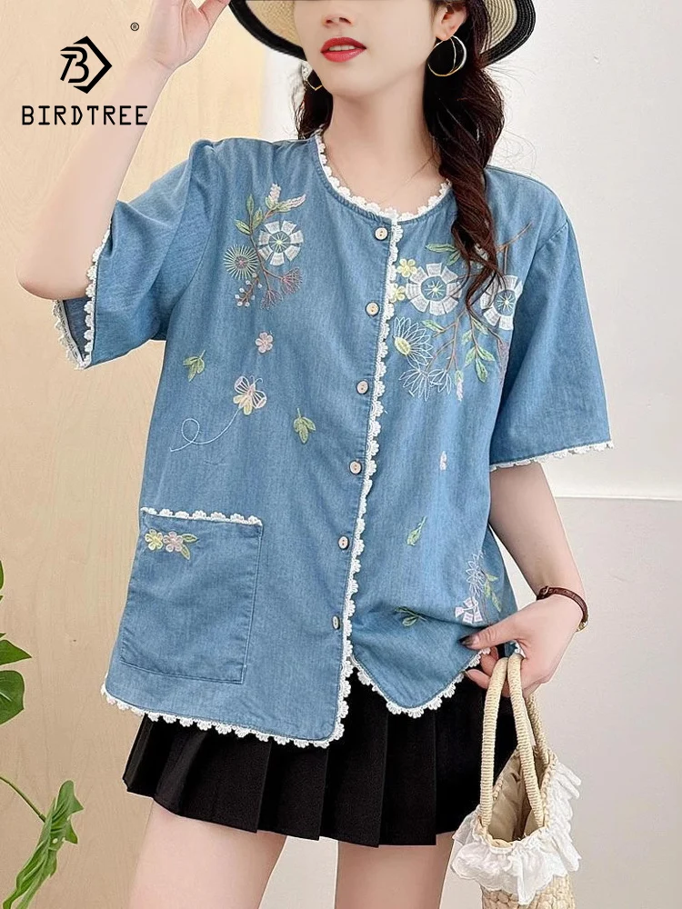 

New 2025 Summer Short Sleeve Denim Shirt, Women Turn-down Collar Embroidery, Mori Girl Retro Sweet Casual Loose Blouse T57479CC