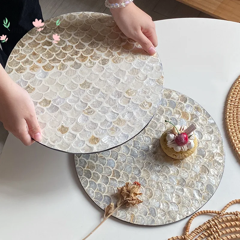 American rattan round shell home living room coffee western dining mat light luxury retro tray round