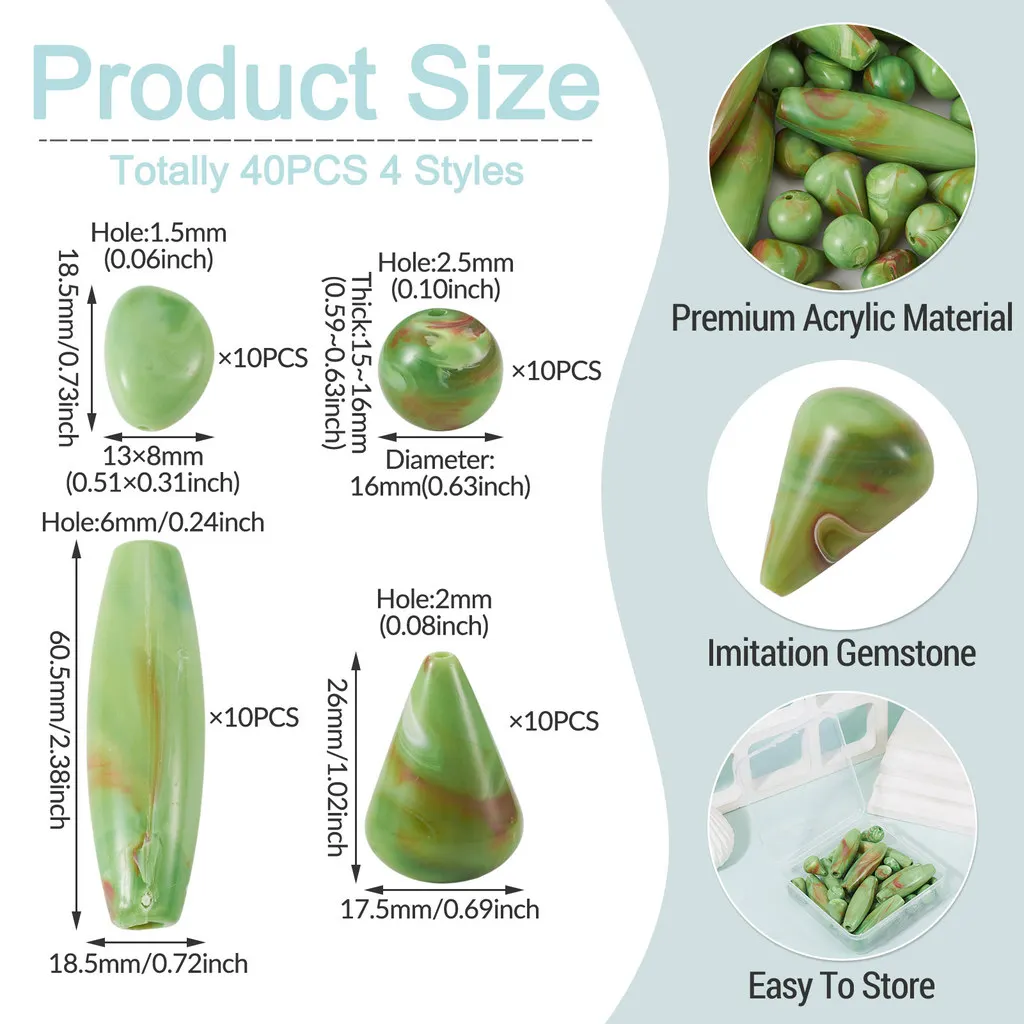 40Pcs 4 Styles Opaque Acrylic Imitation Gemstone Beads Round & Teardrop & Rice Shape Beads for Necklace Jewelry Making Craft