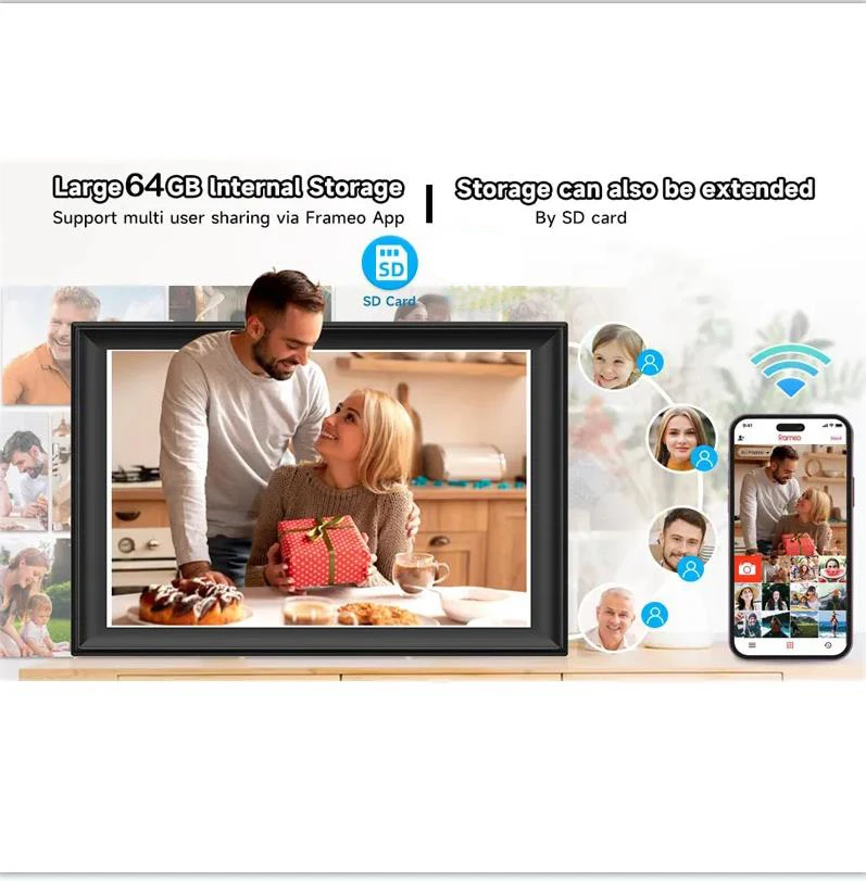 Умная фоторамка 2,4G/5G WiFi, цифровая фоторамка 10,5 дюйма IPS 1920x1280 Full HD, сенсорный экран, встроенная память 64 ГБ с помощью приложения rubbero