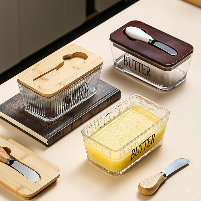 1PCS Glass Butter Dish with Bamboo Lid And Knife Airtight Kitchen Storage Container for Countertops Ideal for Baking And Gifting