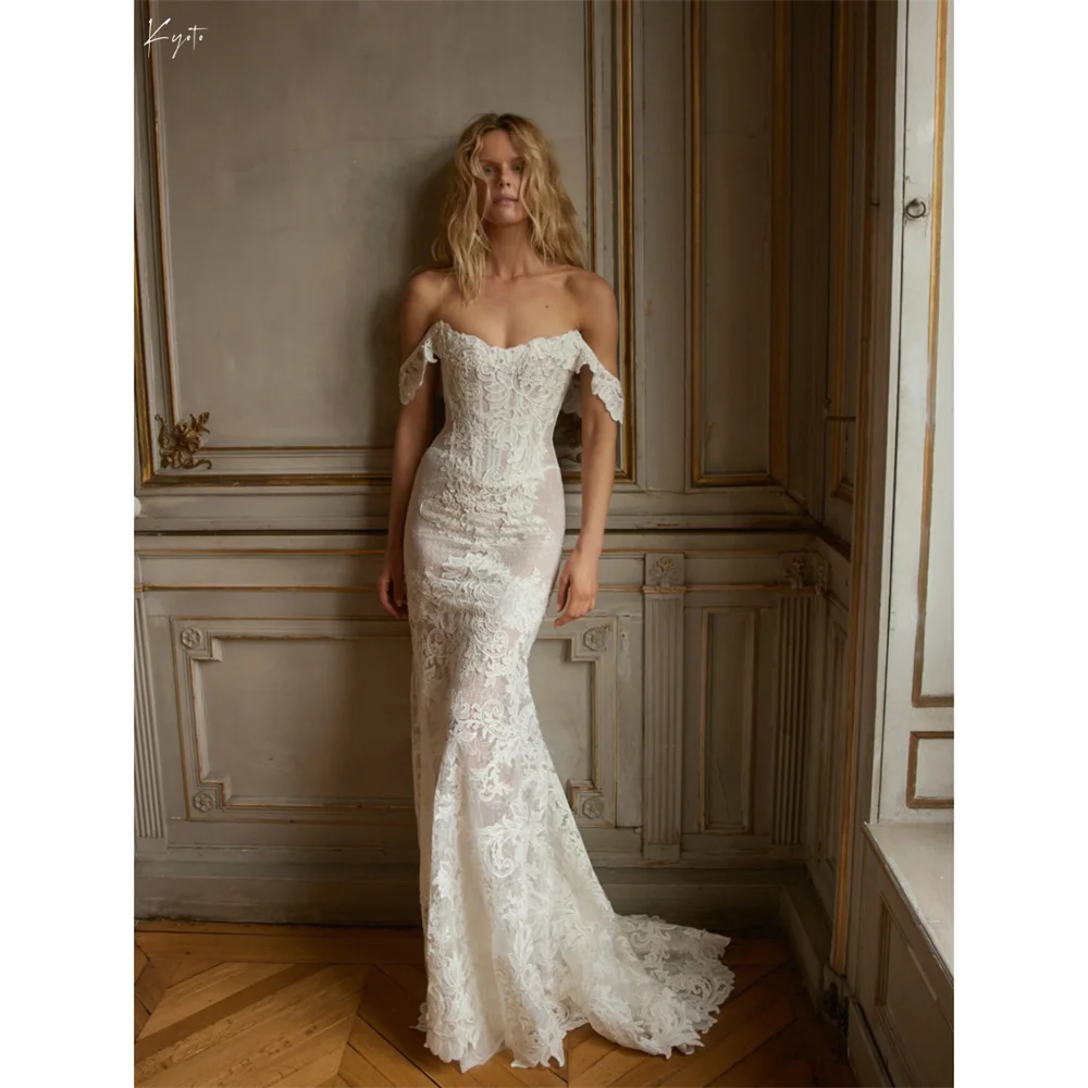 فستان زفاف كيوتو مخصص باللون الأبيض الفاتح مزين بالدانتيل قبالة الكتف حورية البحر vestidos de noiva سويب تراين فساتين سهرة #1
