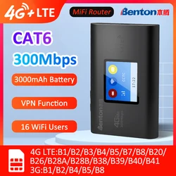 Benton CAT6 300Mbps Portable 4G+ SIM WiFi Router Outdoor Pocket Router Mobile Wireless WiFi Hotspot Repeater Mini 4G Modem