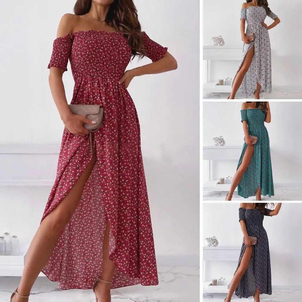 

Sexy Strapless Beach Summer Women Dress Shoulder-less Breathable Frill Flower Print Maxi Dress Prom Party Long Dresses Vestidos