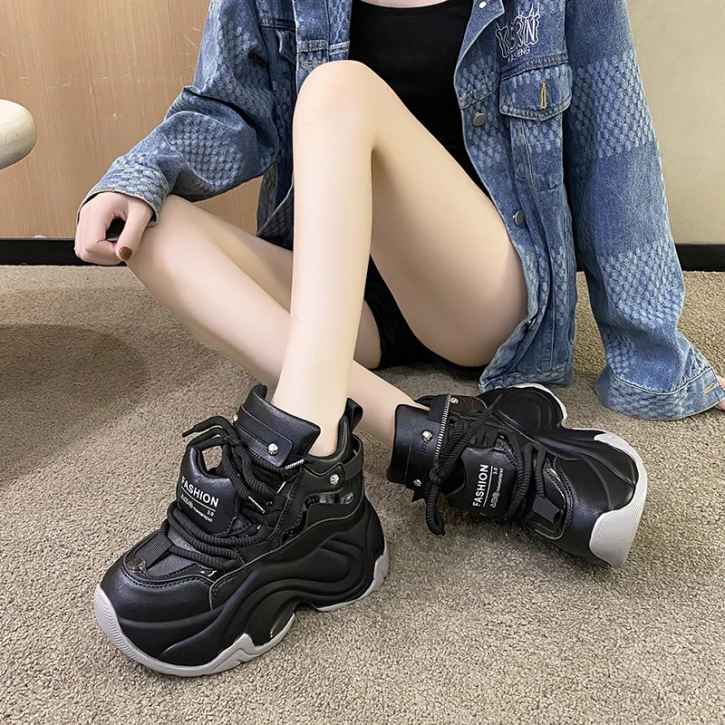 8CM Thick Bottom Chunky Sneakers 2023 New Autumn Women High Platform Sports Shoes Woman Casual Wedges Leather Dad Shoes Footwear