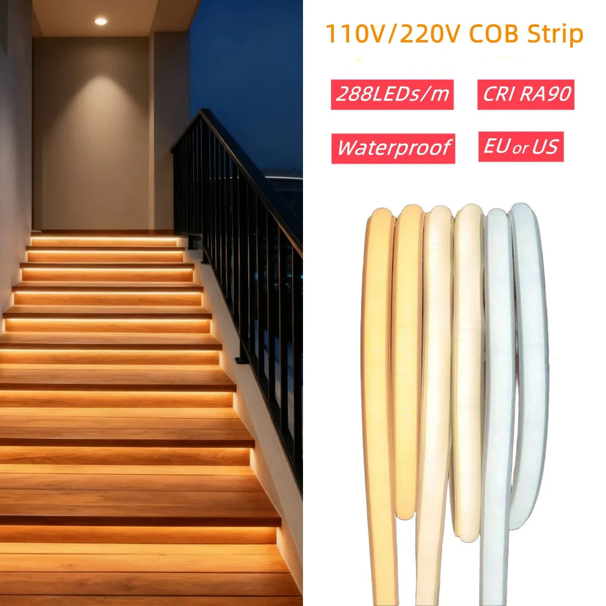 

110V 220V Super Brightness 288LED/m COB Strip Light Cuttable 1m-35m Waterproof Decor Tape for Stair Outdoor Tree Street Lighting