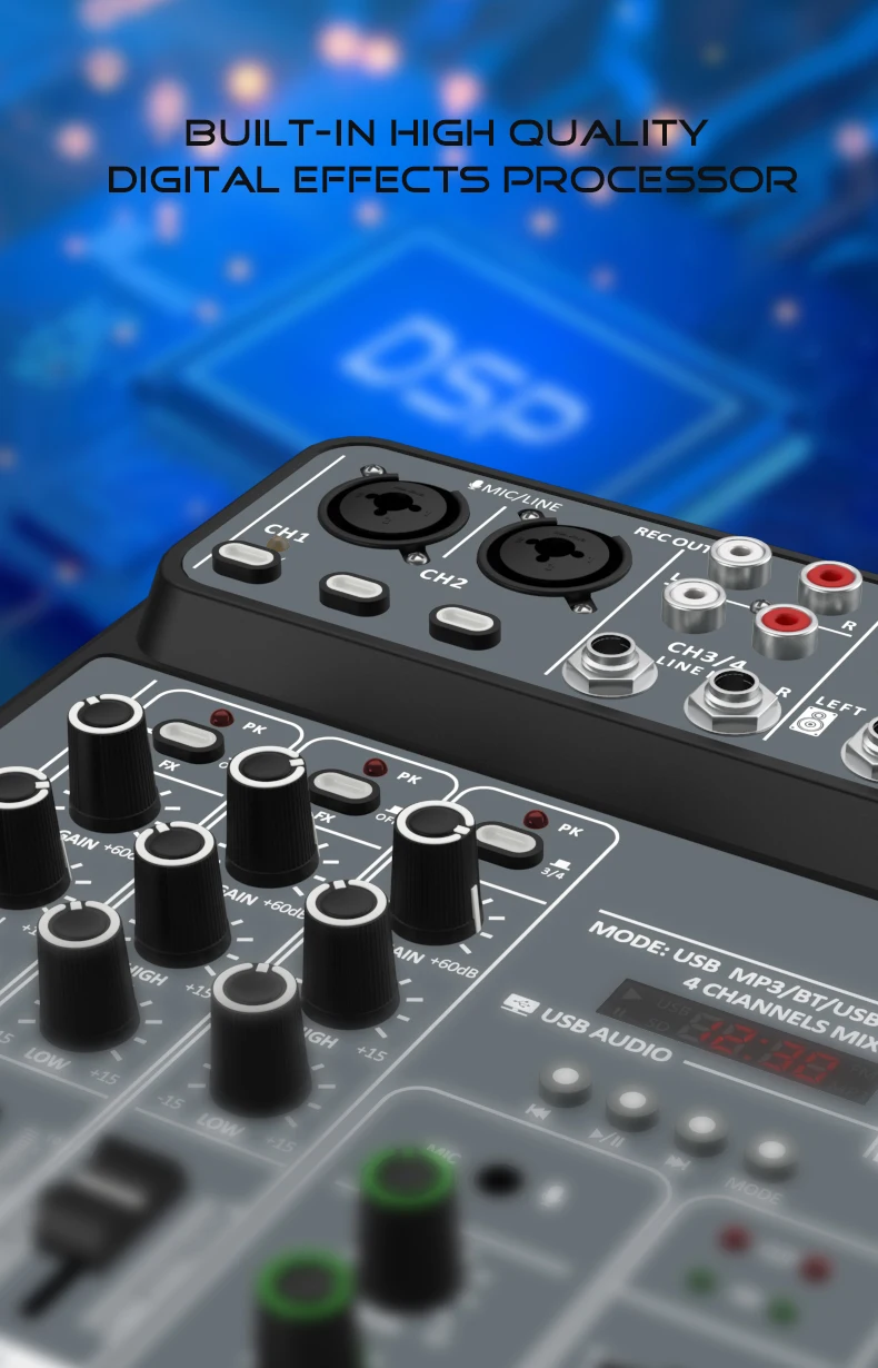 4 Channel Audio Mixer 48V Phantom Power USB Studio Sound Mixers Bluetooth DJ Console Mixing for Karaok