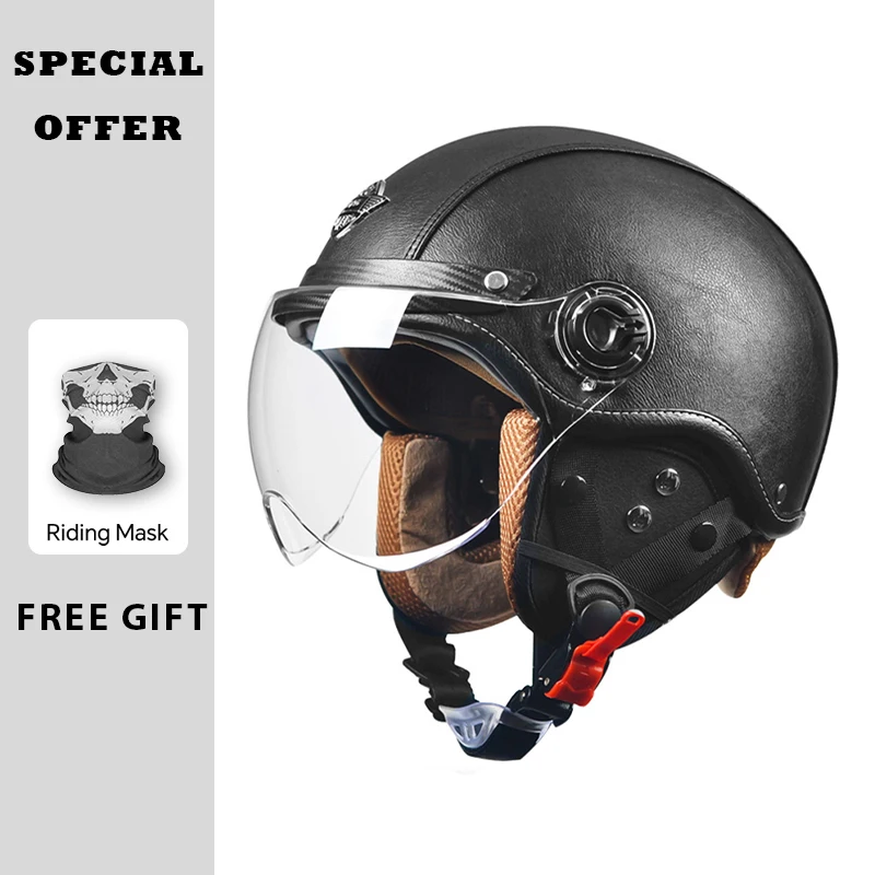 

Retro 3/4 Open Face Motorcycle Helmet Black Leather Adult Men Women Vintage Jet Helmet Scooter Curiser Half Helmet DOT Approved