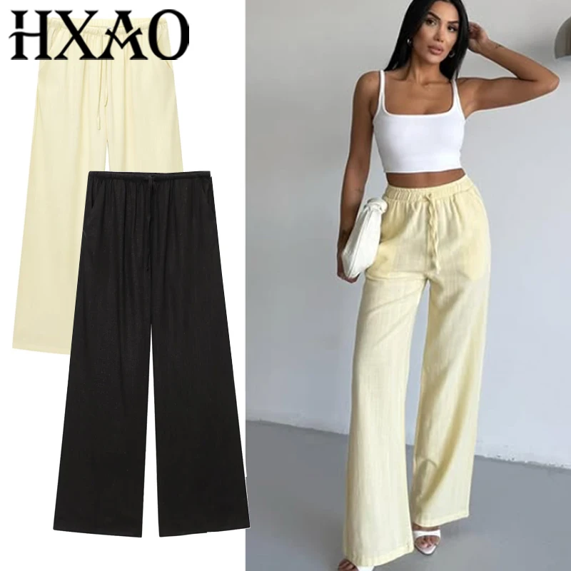 HXAO 2025 Frau Hosen Sommer Baggy Leinen Hosen Für Frauen Plissee Spitze Up Breite Flüssigkeit Hosen Frau Casual Gelb Schwarz Hosen