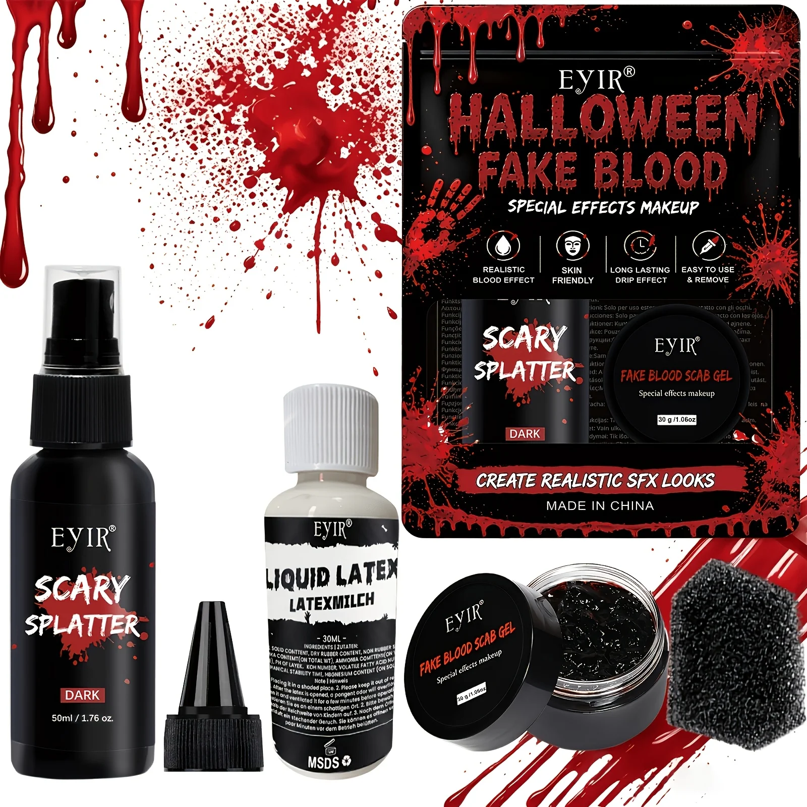 Halloween SFX Makeup Kit Fake Blood Gel Liquid Latex Scar Wax Spray Blood Sponge for Cosplay Party Stage Costume Face Body Art
