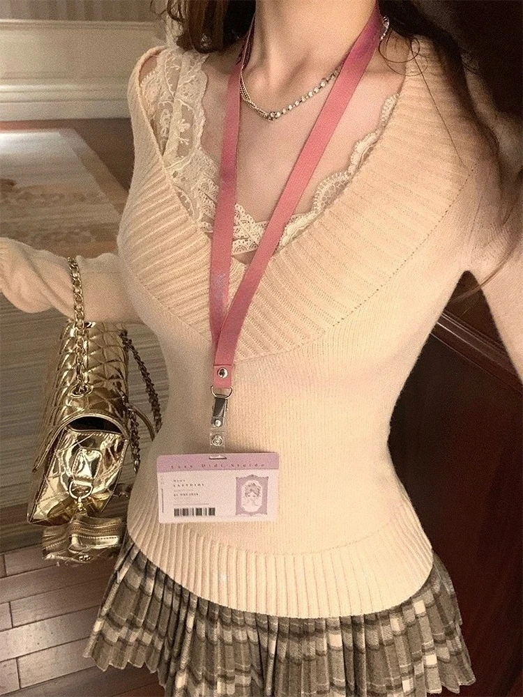 

Sweet Vintage Elegant Fashion Knitted Sweater Women V-Neck Casual Long Sleeve Pullover Korean Popular Office Lady Kawaii Outfits
