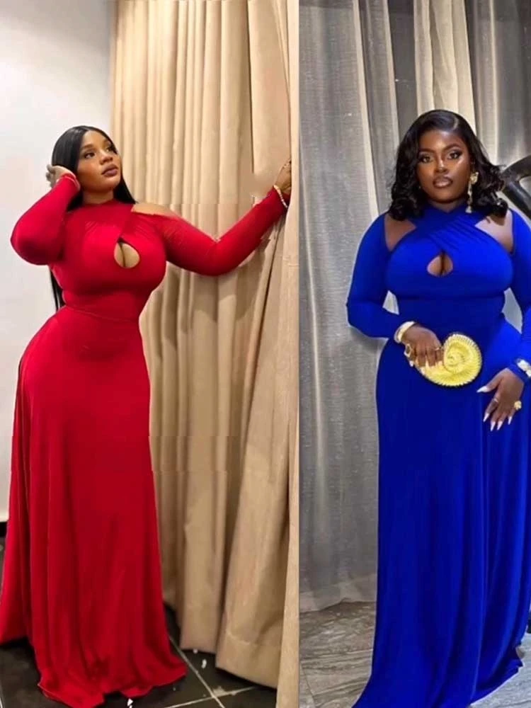 Elegant Autumn Party Dress for Women Solid Color Long Sleeve Maxi Evening Dress Cut Out Slimming Dress Wholesale Dropshipping