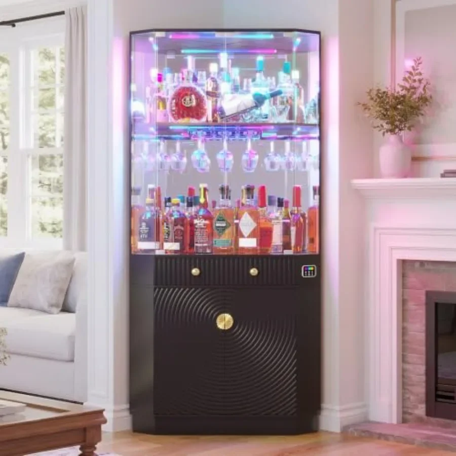 71 Tall Corner Bar Cabinet for home bar use, MDF wood material, black color, RGB lighting and motion sensor LED