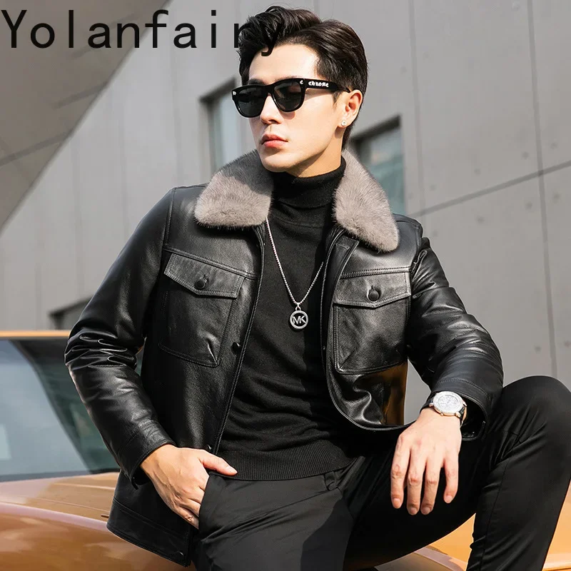 YOLANFAIRY Cowskin Genuine Leather Jacket Casual Winter Down Liner Removable Coats Mink Collar Jackets for Men Chamarras De Piel