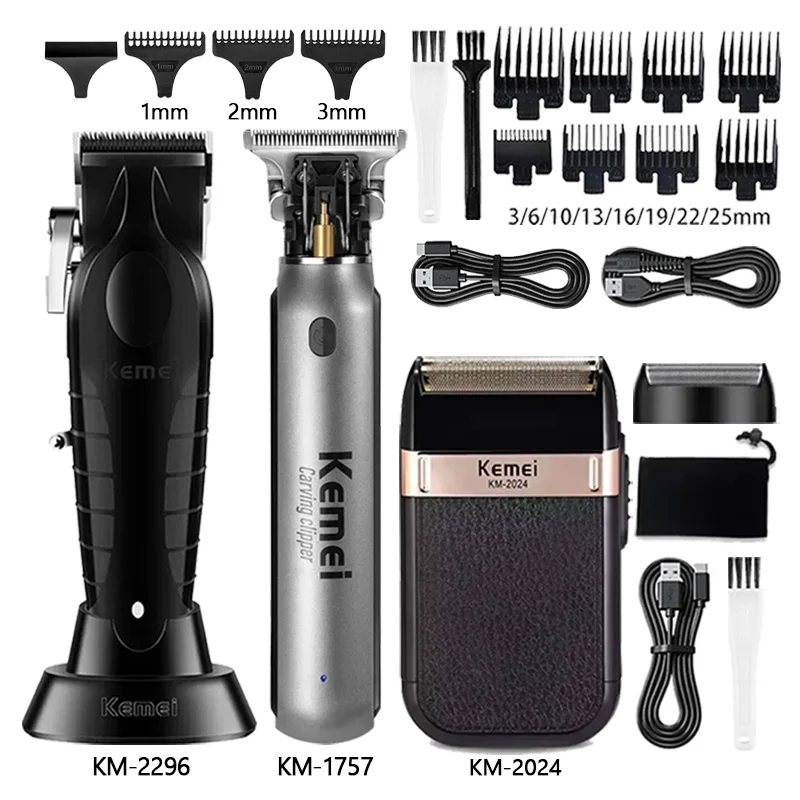 maquina-de-cortar-cabelo-sem-fio-kemei-km-2296-km-1757-km-2024-com-carregamento-usb-lamina-de-corte-zero-e-cabeca-oca-para-barbeiro