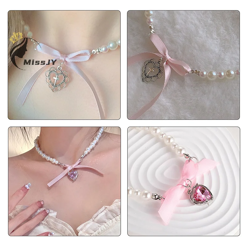 Sweet Bow Love Cross Imitation Pearl Pendant Necklace For Women French Romantic Lolita Clavicle Chain Vogue Jewelry Accessories