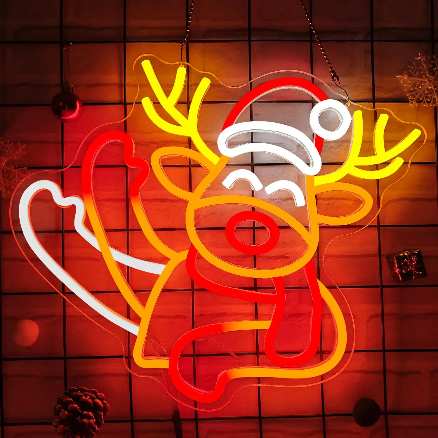 يلوحون الأيائل النيون مع قبعة عيد الميلاد لديكور الحائط وميض تصميم عكس الضوء الرسوم المتحركة الرنة تضيء تسجيل لنافذة المنزل P