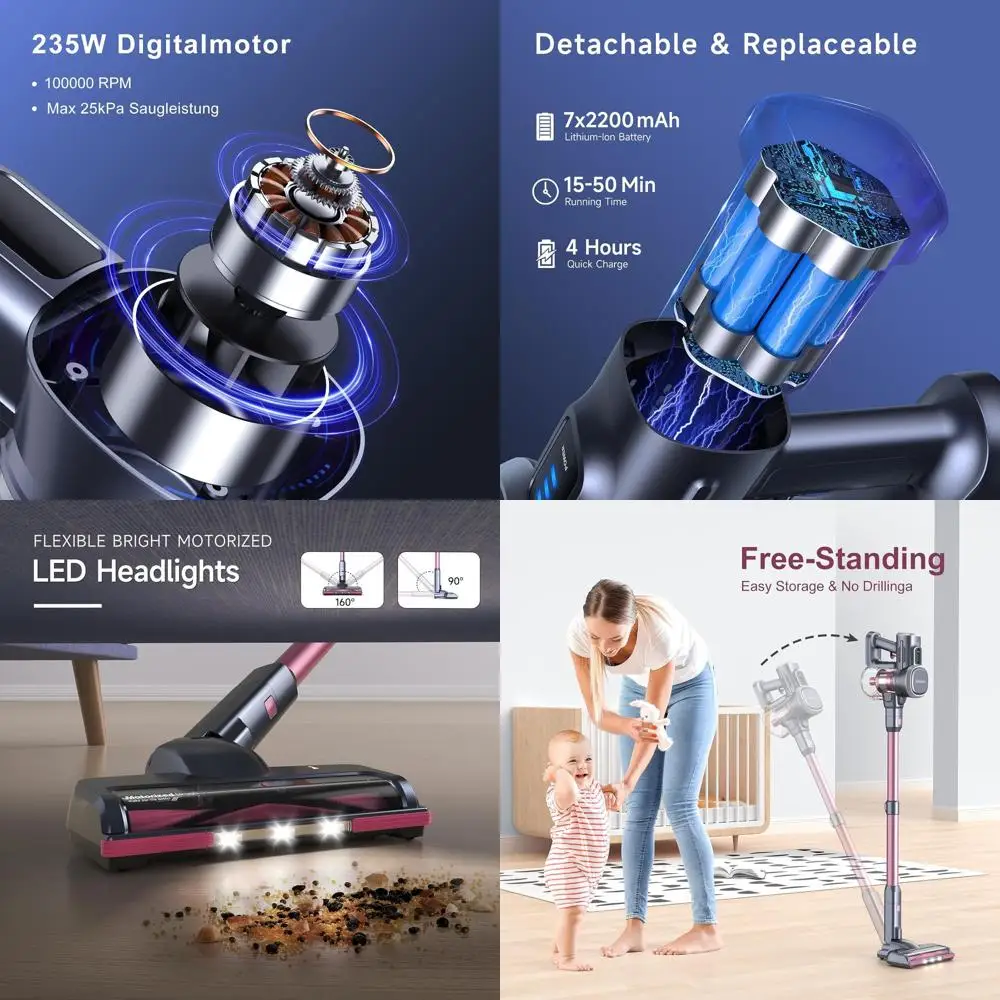 

Wireless Stick Vacuum Cleaner, 25000Pa Suction, 235W Motor, 50 Min Battery Life, Pet Hair Removal for Various Surfaces