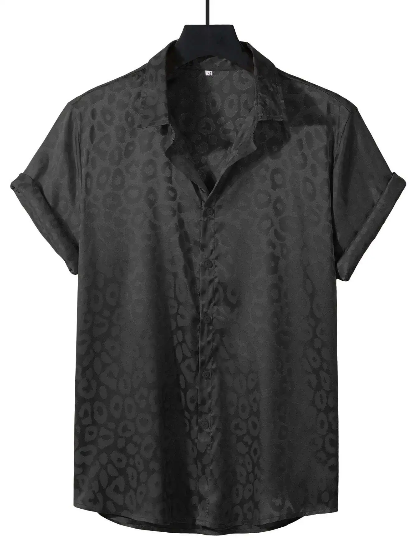 Men's Black Leopard Print Jacquard Short Sleeve Casual Shirt