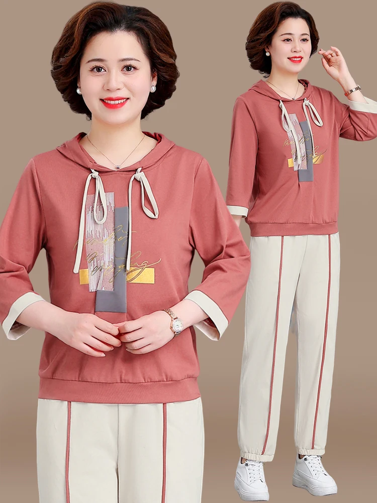 

Casual Sportswear Set for Middle-Aged Mothers Autumn Faion Anti-Aging Hoodie Women Two-Piece Set Loose Fit Long Pants Polye...