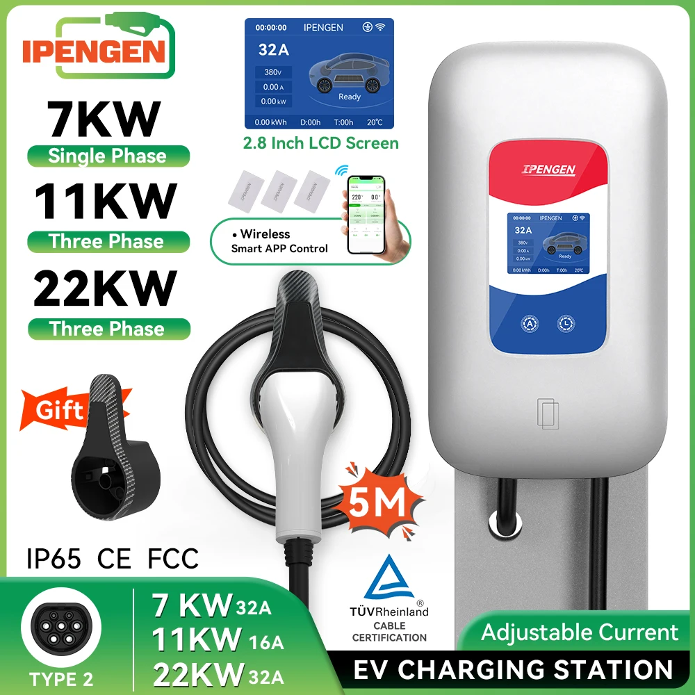 IPENGEN Type2 EV Charger Wallbox 5M Cable 7KW 11KW 22KW Electric Vehicle Car Charger EVSE 3Phase IEC62196-2 With APP Control