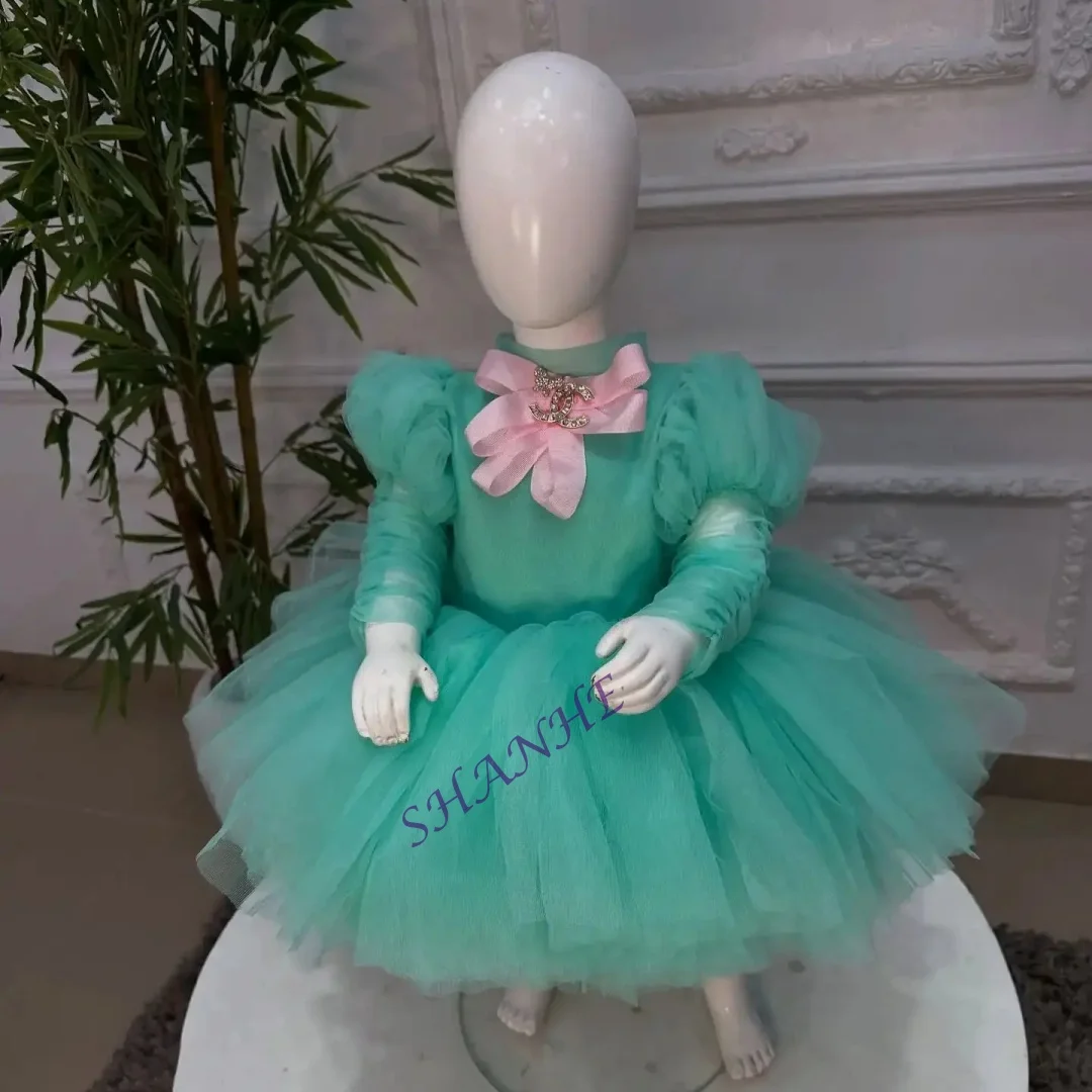 

Зеленое бальное платье, платья с цветочным узором для девочек, детские платья из тюля с длинными рукавами на заказ, детское свадебное платье с высоким воротом