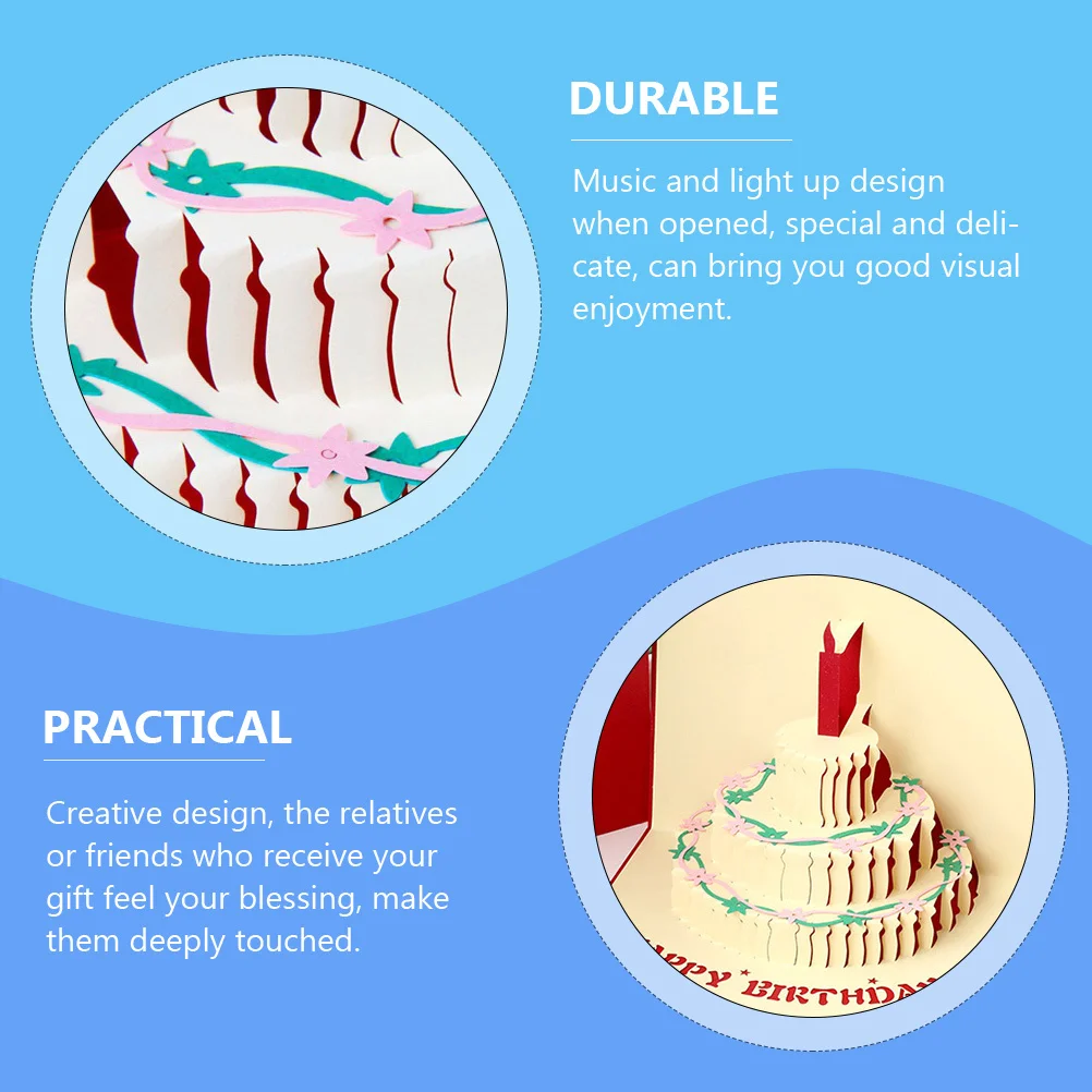 Music Birthday Cake Blessing Card Light Up 3D Birthday Greeting Card Party Decoration 3D Greeting Cards Paper Blessing Cards