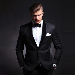 Black Men Suits Slim 2 Piece Fashion Shawl Lapel Single Button Smart Casual Wedding Groom Tuxedo Male Suit Blazer with Pants