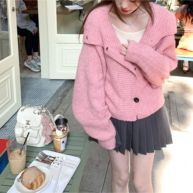 Harajuku Y2k Gray Striped Women Sweater Vintage Turtleneck Korean Fashion Knit Cardigan Leisure Autumn Lazy Wind Loose Old Money