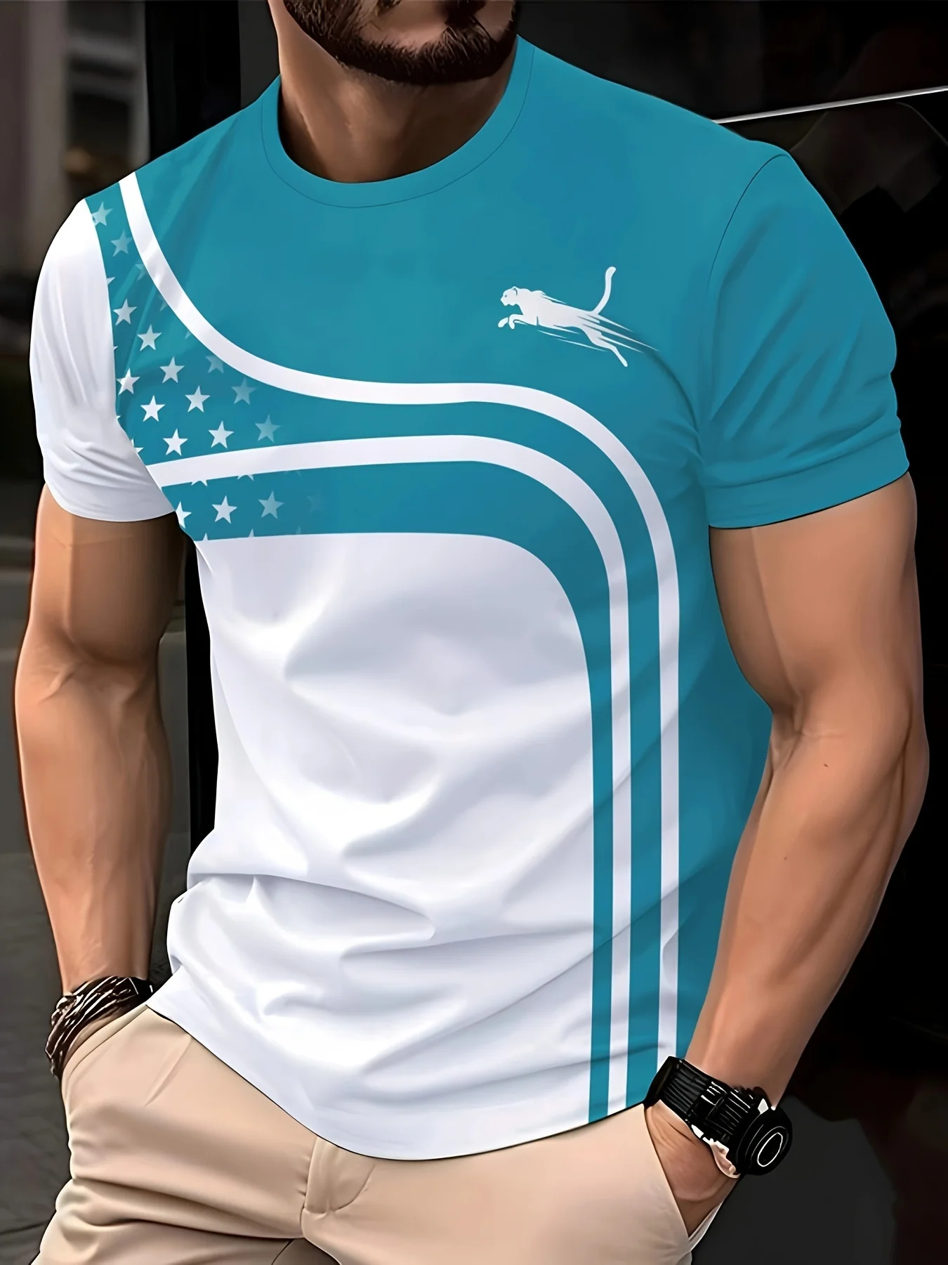 Mens Fashion Curved Panel Tee, Black White Contrast With Star Print and Panther Logo Short Sleeve Daily T-Shirt
