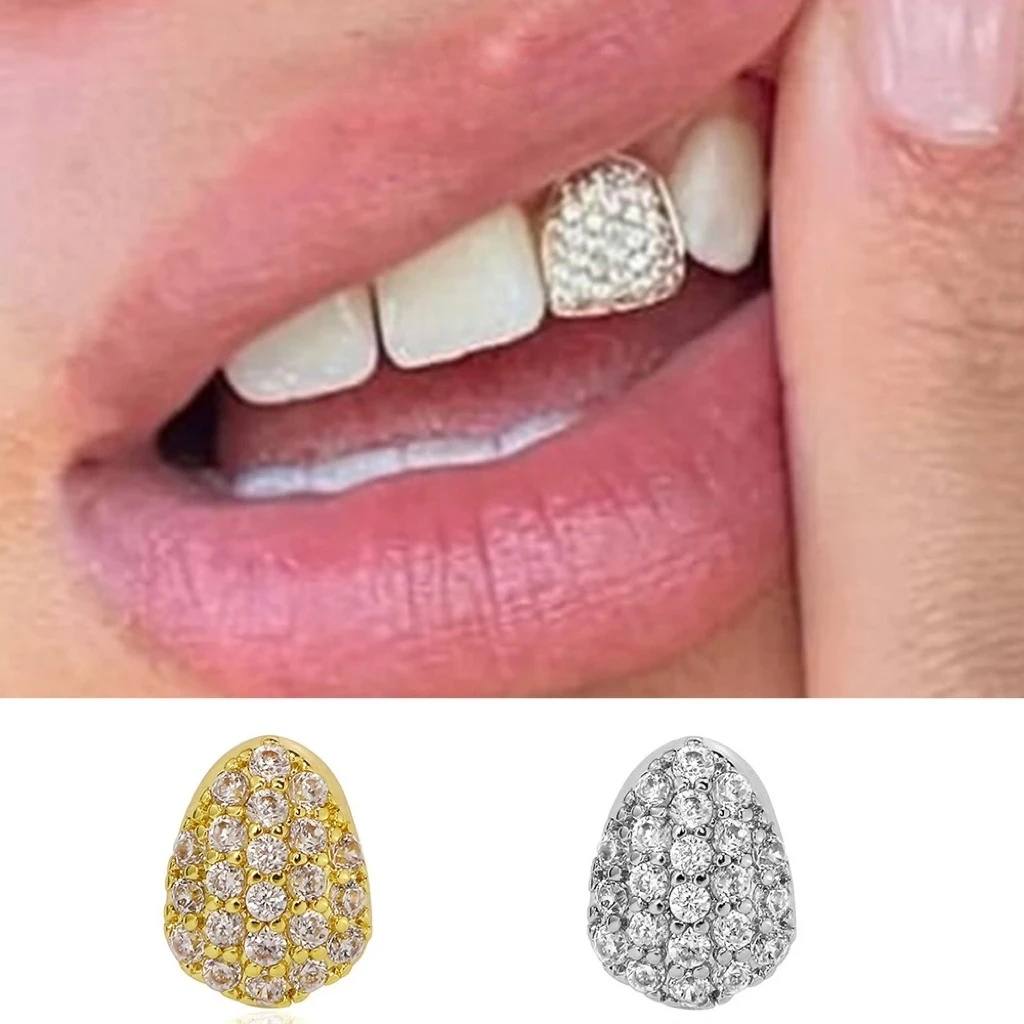 Iced out Single Full CZ Stone Teeth Grillz Hip Hop Jewelry Shiny Zircon Fangs Caps for Women And Men Two Sizes Available