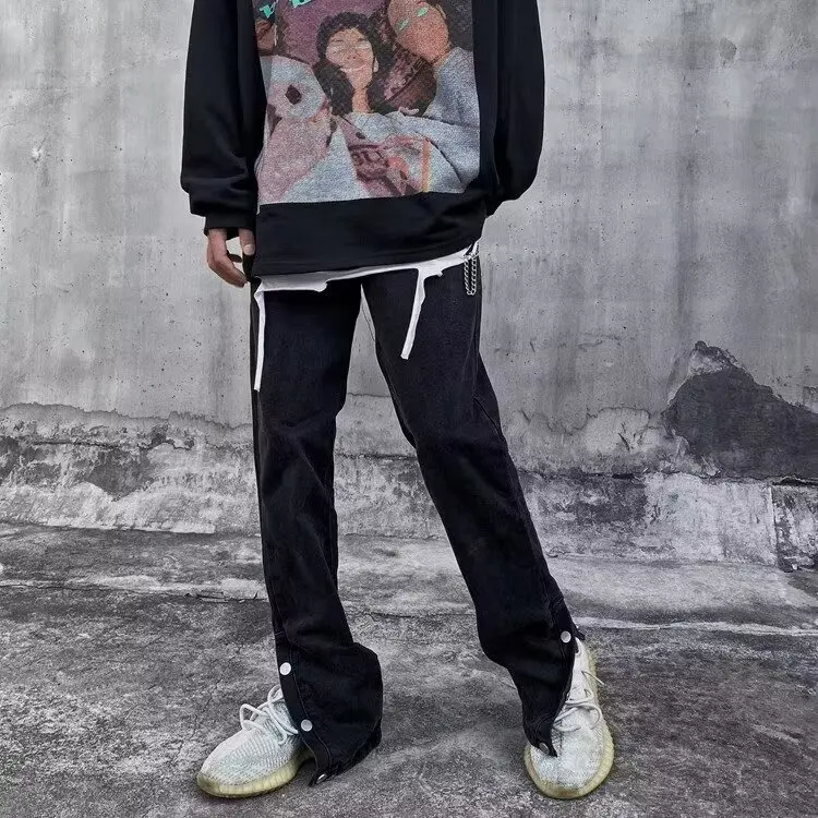 

Slim Fit Black Denim Jeans Women's Design Sensation High Street Style Button Detail Long Straight Leg American Trend Spring A...