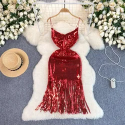 Sexy Sequin tassels slip Dress Chic Vintage Evening Party Club Women Chic Slim Ceremonial Hip Wrap dresses