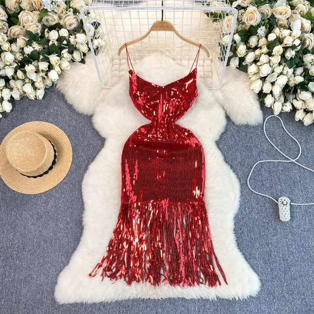 Sexy Sequin frędzle slip Dress Chic Vintage Evening Party Club Women Chic Slim Ceremonial Hip Wrap dresses